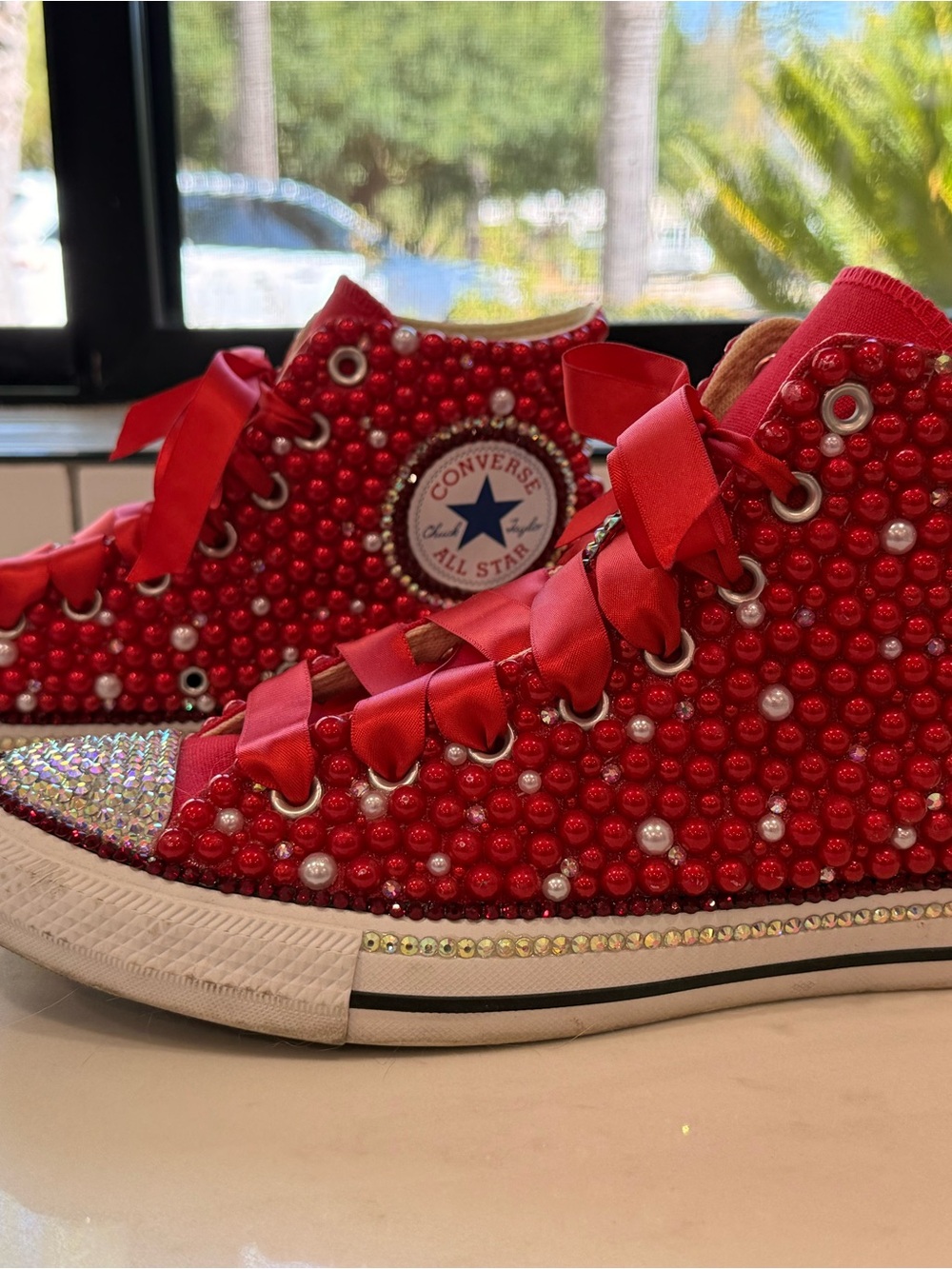 Converse Red Crystal & Pearl High-Top Sneakers - Picture 7 of 8